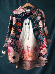 Women's Halloween Ghost Art Print Casual Cotton And Linen Shirt