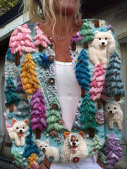 Women's Lovely Dogs Christmas Tree Art Print Buttoned Cardigan Sweater