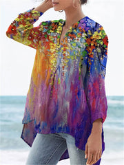 Women's Flower Print Casual Linen V-neck Shirt