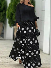 Women's Women Solid Color Round Neck Long Sleeves Casual Loose Tops High Waist Polka Dot Print Casual Loose Wide Leg Pants