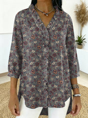 Women's Vintage Flower Print Casual Ruffled Shirt