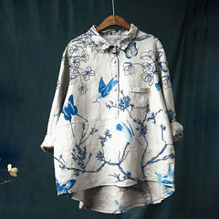Women's Flowers And Birds Print Casual Linen Shirt