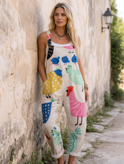 Women's Vintage Funny Chicken Art Print Casual Cotton Wide Leg Jumpsuit