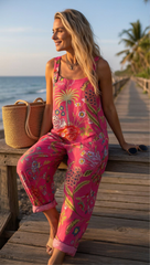 Women's Vintage Flowers Art Print Casual Cotton Linen Wide Leg Jumpsuit