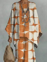 Women's Vintage Geometric Art Comfortable Loose Cotton Linen Wide-leg Pants Two-piece Set