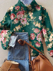 Vintage Lovely Floral Art Print Knit Turtleneck Pullover Sweater