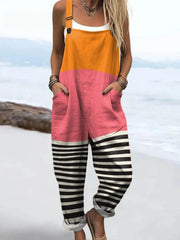 Women's Abstract Pattern Art Print Casual Cotton Linen Wide Leg Jumpsuit
