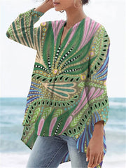 Women's Flower Print Casual Linen V-neck Shirt