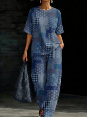 Womens Waffle Texture Blue Patchwork Two Piece Set