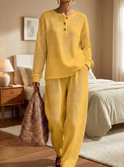 Womens Waffle Texture Henley Two Piece Set