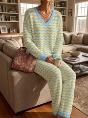 Womens Waffle Texture Wave Stripe Two Piece Set