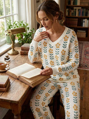 Womens Waffle Texture Floral Print Two Piece Set