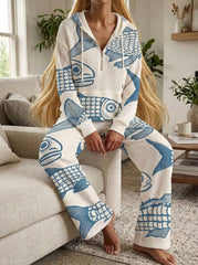 Womens Waffle Texture Blue Fish Print Casual Hoodie Set