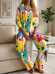 Womens Waffle Texture Colorful Dog Print Casual Lounge Set