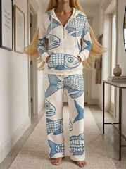 Womens Waffle Texture Blue Fish Print Casual Hoodie Set