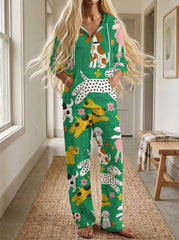 Womens Waffle Texture Green Dog Print Casual Hoodie Set