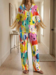 Womens Waffle Texture Colorful Dog Print Casual Lounge Set