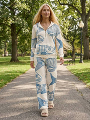 Womens Waffle Texture Blue Fish Print Casual Hoodie Set