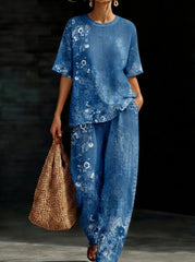 Womens Waffle Texture Blue Floral Two Piece Set