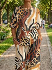 Womens Waffle Texture Safari Animal Print Two Piece Set