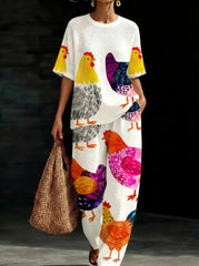 Womens Waffle Texture Chicken Print Two Piece Set
