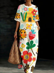 Womens Waffle Texture Bee Floral Print Two Piece Set