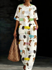 Womens Waffle Texture Dachshund Dog Print Two Piece Set