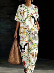 Womens Waffle Texture Farm Animal Print Two Piece Set