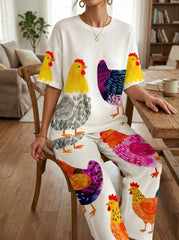 Womens Waffle Texture Chicken Print Two Piece Set