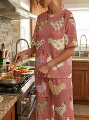 Womens Waffle Texture Pink Chicken Print Two Piece Set