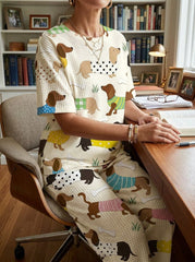 Womens Waffle Texture Dachshund Dog Print Two Piece Set