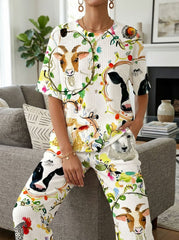 Womens Waffle Texture Farm Animal Print Two Piece Set