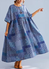 Navy Plaid Linen Cotton Clothes For Women O Neck Cinched Cotton Dress