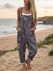 Women's Vintage Flower Chick Art Print Casual Cotton Wide Leg Jumpsuit