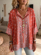 Women's Vintage Floral Print V-neck Casual Loose Cotton-linen Top