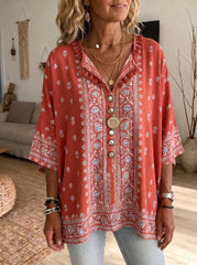 Bohemian Chic Green Floral Tunic - Relaxed Fit V-Neck Blouse with Statement Tassel Detail