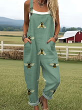 Women's Funny Bee Art Print Casual Cotton Linen Wide Leg Jumpsuit