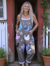 Women's Vintage Flower Chick Art Print Casual Wide Leg Jumpsuit