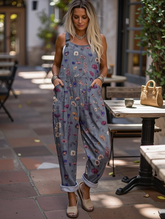 Women's Vintage Flower Chick Art Print Casual Cotton Wide Leg Jumpsuit