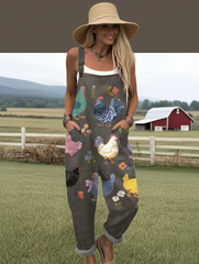 Women's Vintage Flower Chick Art Print Casual Wide Leg Jumpsuit