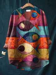 Women's Fish Animals Art Print Casual Cotton And Linen V-neck Shirt