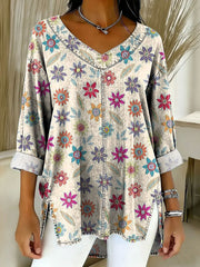 Women's Retro Gradient Flowers Floral Art Patterns Casual Washed Denim Top