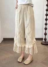 Summer New Apricot Lace Splicing Wide Leg Pants