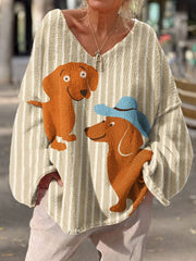 Women's Dog Art Print Casual Pullover Sweater