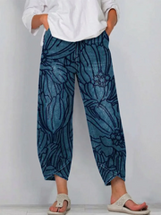 Women's Vintage Floral Pattern Art Print Casual Denim Pants