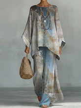 Women's Vintage Floral Art Comfortable Loose Cotton Linen Wide-leg Pants Two-piece Set