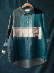 Women's Abstract Simple Color Matching Modern Art Print Casual Cotton And Linen Shirt