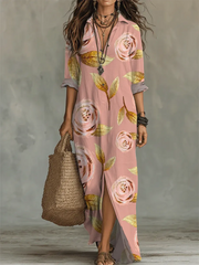 Women's Floral Art Print Casual Long Sleeve Cotton Dress