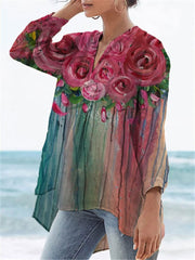 Women's Flower Print Casual Linen V-neck Shirt