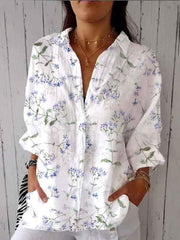 Women's Purple Floral Print Casual Linen V-neck Shirt